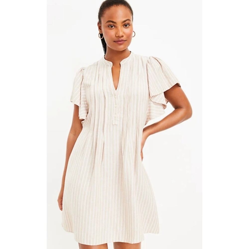 Ann Taylor LOFT Coastal Tan Stripe Flutter Sleeve Pintuck Pleated Mini Dress XS